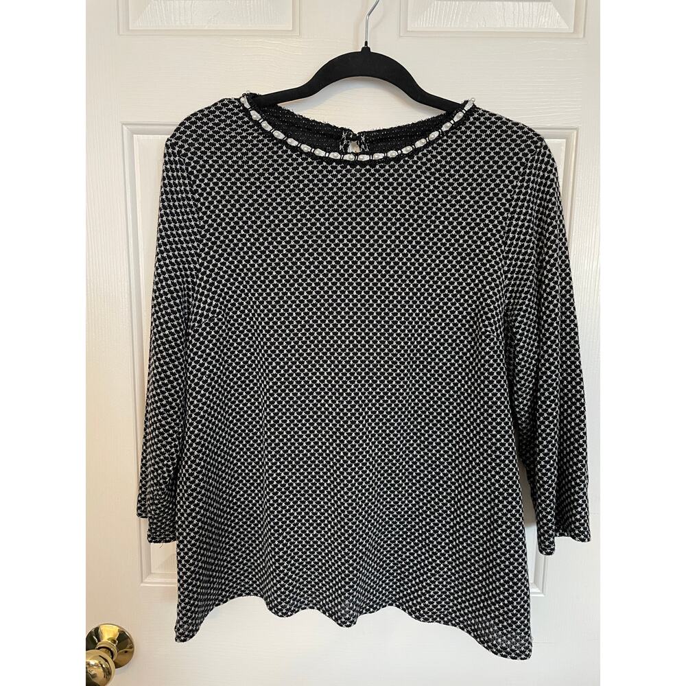 Elle Womens XL Pearl Embellished Blouse 3/4 Sleeve Collar Black White Pattern